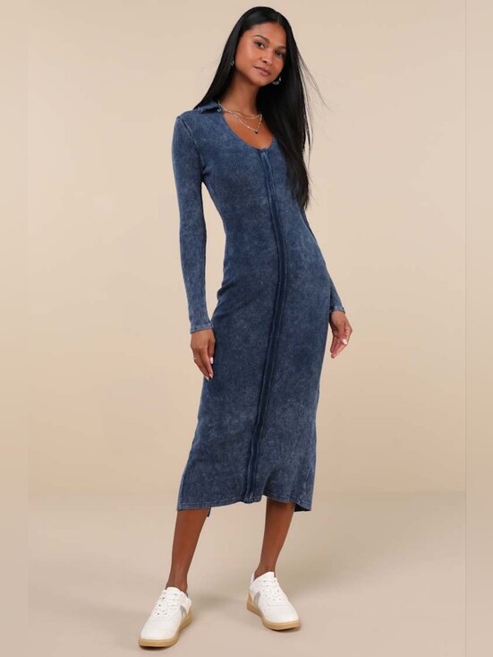 Lulus Dresses & Skirts - Lulus Slim Ribbed Long-Sleeve Midi Dress in Washed Navy